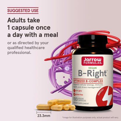 Jarrow Formulas B-Right, Optimized B Complex Featuring Vitamin B1, B2, B5, B6, B12 and B9 to Support Cellular Energy, Immune Health and Stress Management, 100 Veggie Capsules, Up to a 100 Day Supply - Nirvana Guru