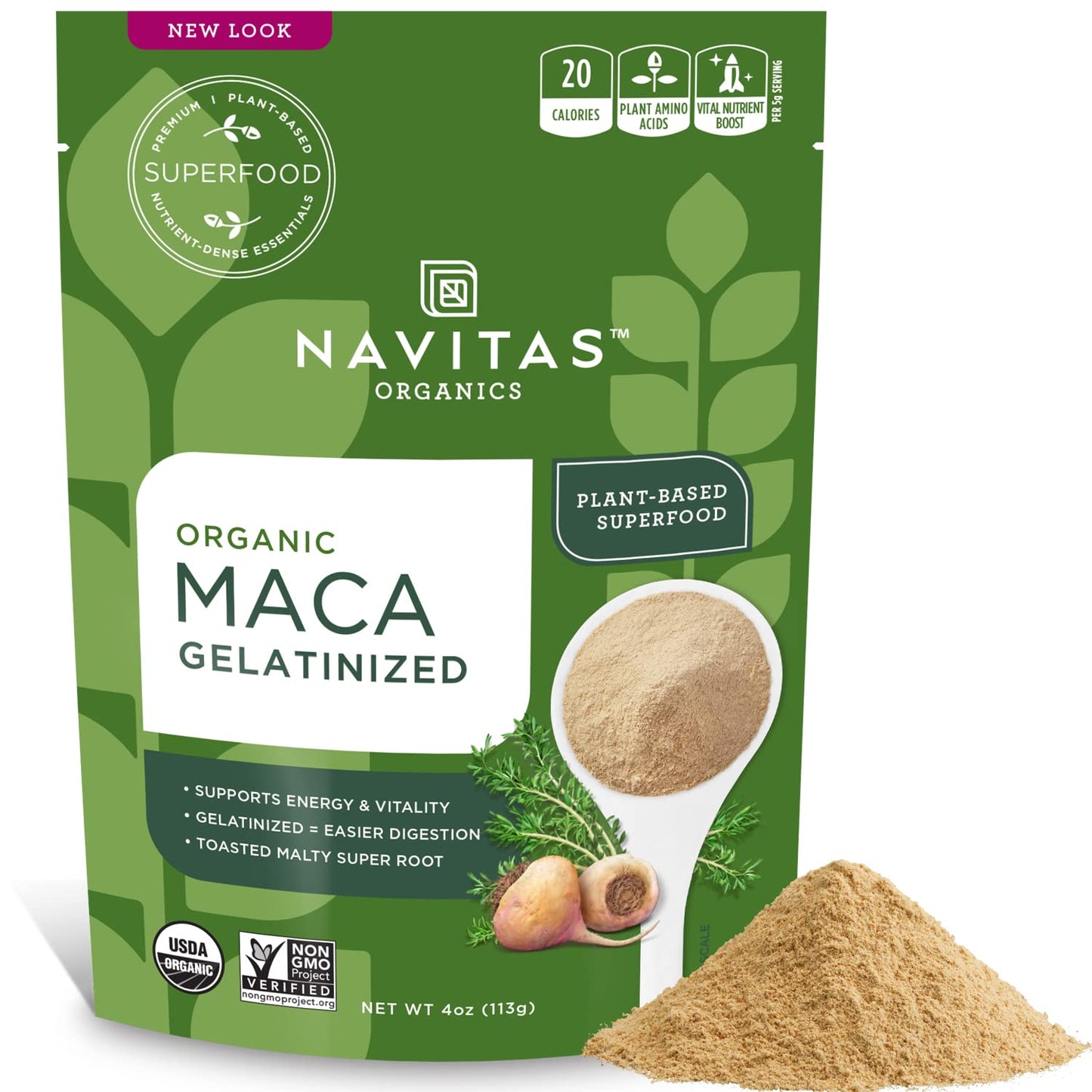 Navitas Organics Maca Powder – 100% Gelatinized Peruvian Maca for Adaptogen Smoothies, Lattes, Baking & More – Energize & Balance - USDA Organic, Non GMO, Vegan, Gluten Free (4oz. Bag, 23 Servings)