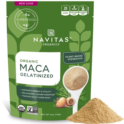 Navitas Organics Maca Powder – 100% Gelatinized Peruvian Maca for Adaptogen Smoothies, Lattes, Baking & More – Energize & Balance - USDA Organic, Non GMO, Vegan, Gluten Free (4oz. Bag, 23 Servings)