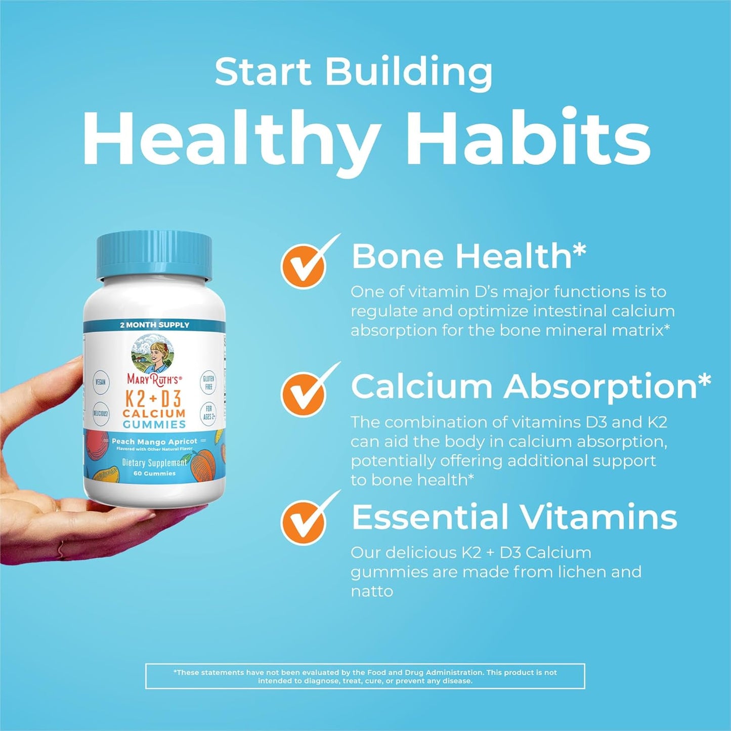 MaryRuth Organics Calcium with Vitamin D & Vitamin K2, 2 Month Supply, Calcium Supplement Supports Bone Health & Joint Support, with Vitamins D3 K2 Gummies, Vegan, Non-GMO, Gluten Free, 60 Count - Nirvana Guru