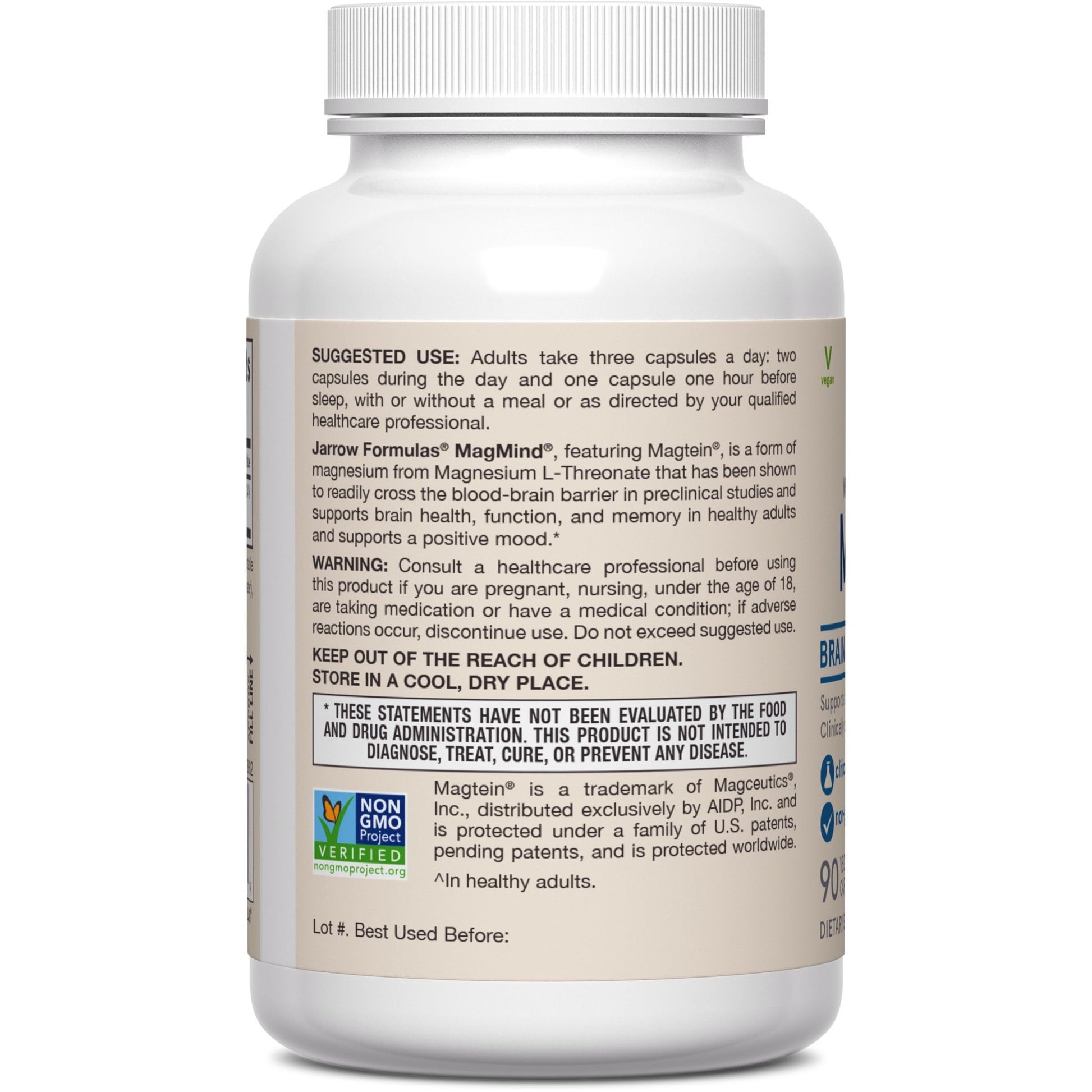 Jarrow Formulas Magnesium L-Threonate, MagMind Magtein Brain Supplements for Memory Support, 90 Veggie Capsules, Up to a 30 Day Supply - Nirvana Guru