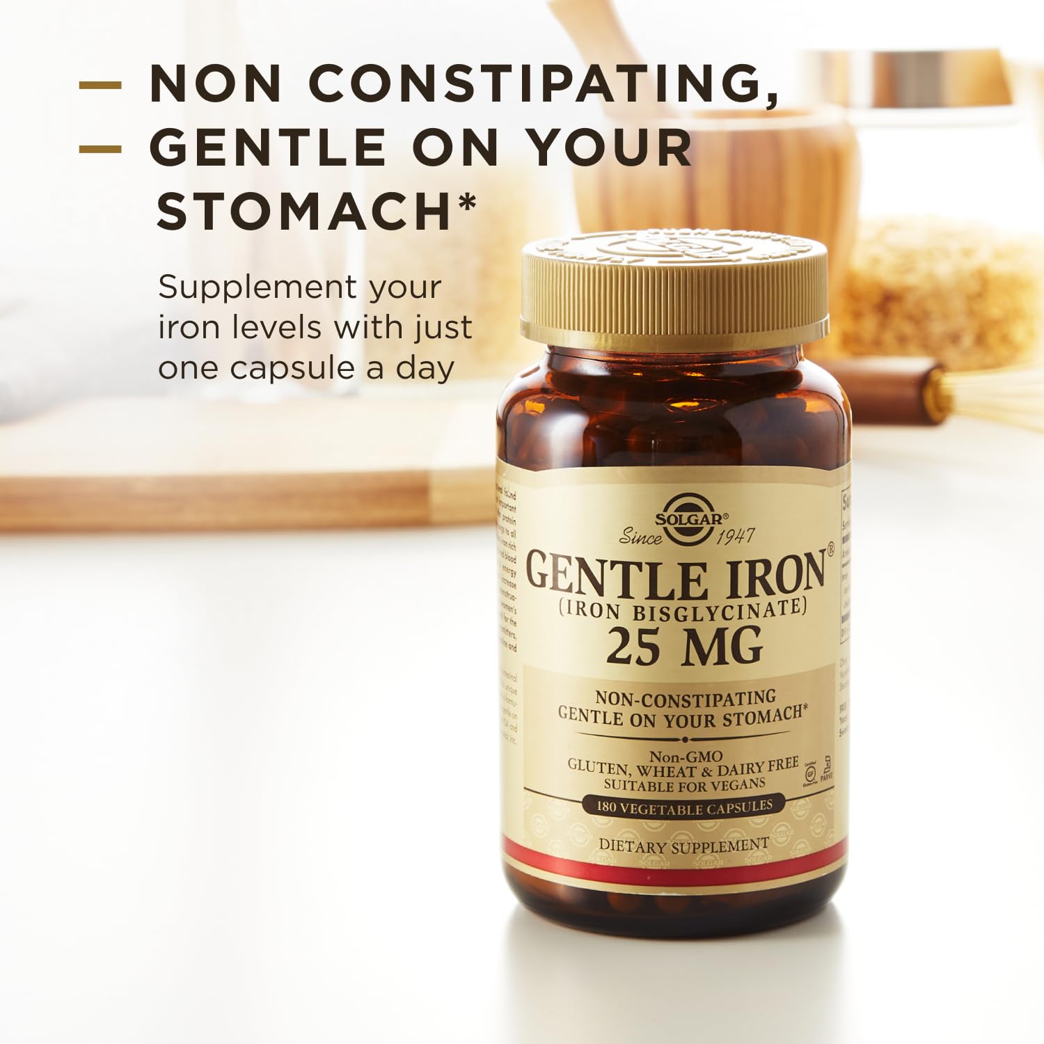 Solgar Gentle Iron, 180 Vegetable Capsules - Ideal for Sensitive Stomachs - Non-Constipating - Red Blood Cell Supplement - Non GMO, Vegan, Gluten-Free, Dairy Free, Kosher - 180 Servings Nirvana Guru