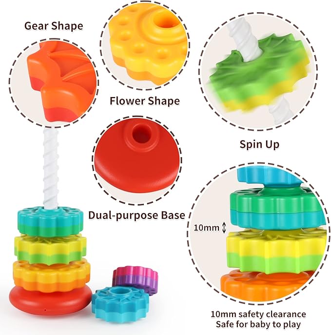 Baby Spinning Stacking Toys for Toddlers 1-3, Rainbow Ring Stacker Montessori Toys for Babies 6-12 Months, 1 2 3 One Year Old Girl Boy Christmas Birthday Gifts, Autism Sensory Learning Toy nirvanaguru