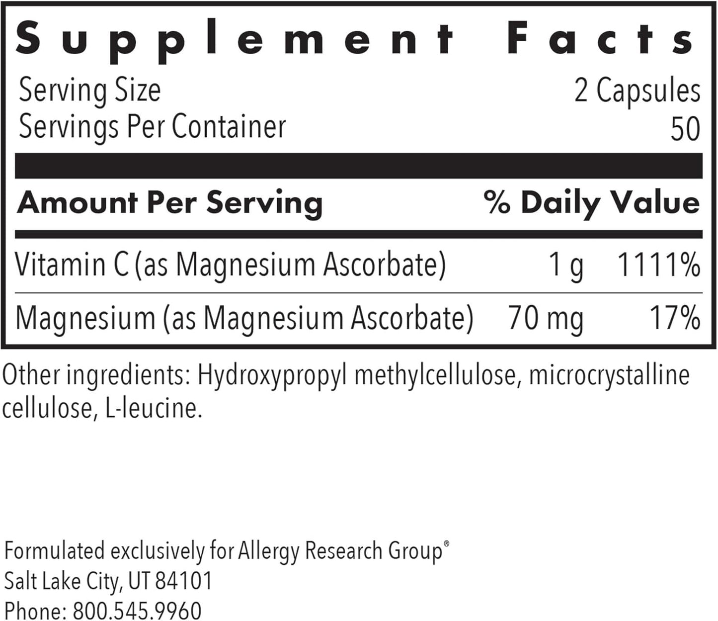Allergy Research Group Magnesium Ascorbate Supplement - 1000mg Buffered Vitamin C, Immune Support, Magnesium Powder, Vegetarian Capsules - 100 Count Nirvana Guru
