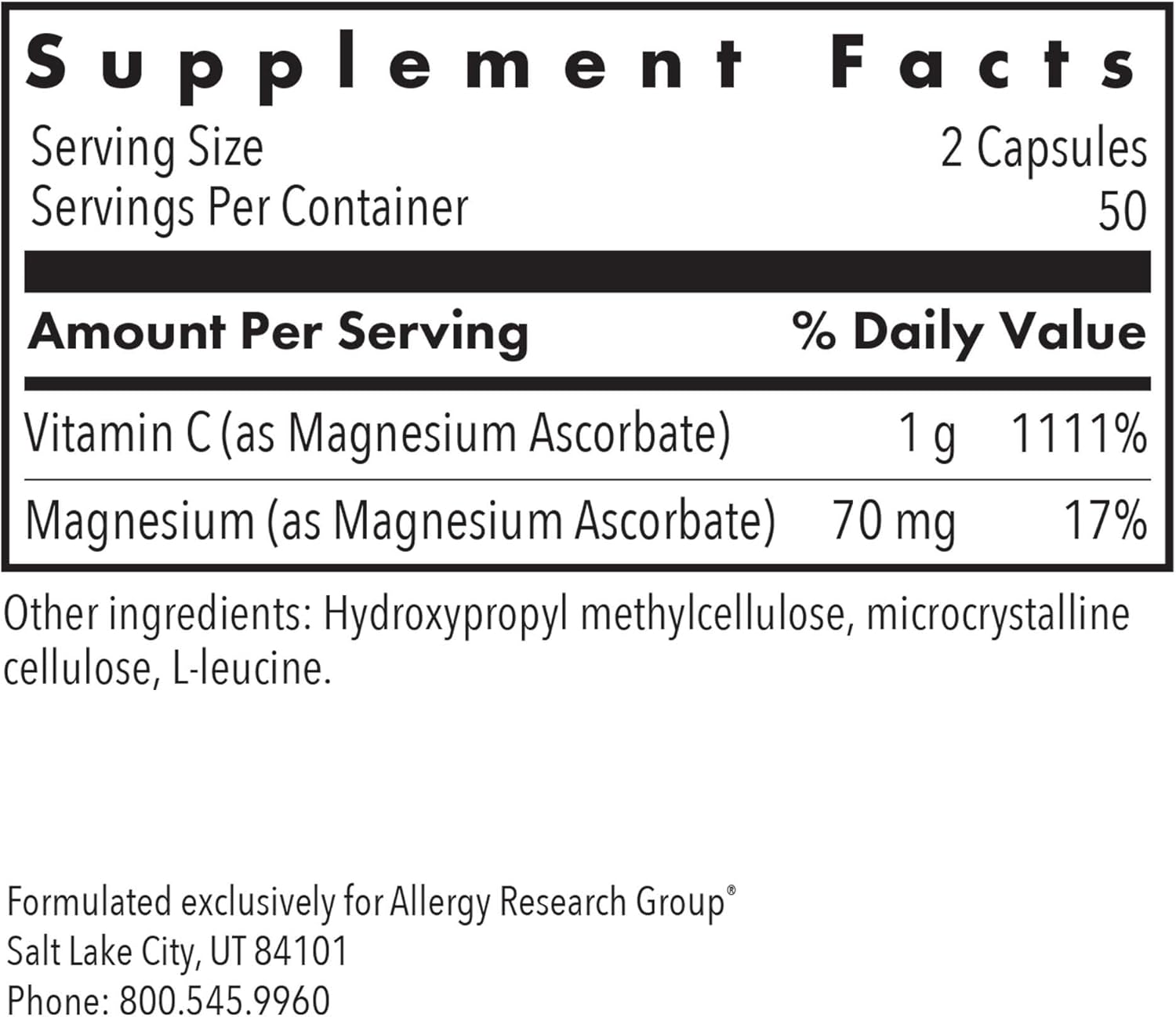 Allergy Research Group Magnesium Ascorbate Supplement - 1000mg Buffered Vitamin C, Immune Support, Magnesium Powder, Vegetarian Capsules - 100 Count Nirvana Guru