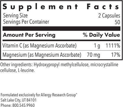 Allergy Research Group Magnesium Ascorbate Supplement - 1000mg Buffered Vitamin C, Immune Support, Magnesium Powder, Vegetarian Capsules - 100 Count Nirvana Guru