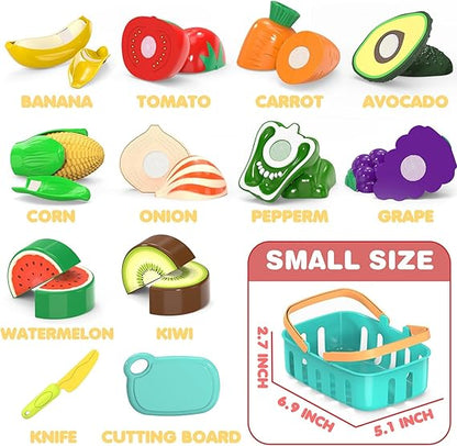 Cutting Play Food Toys For Kids, Pretend Play Kitchen Accessories, Fake Fruits/Vegetables Set With Shopping Storage Basket, Plastic Board And Knife, Birthday Gifts/Educational Toy For Toddler Children nirvanaguru