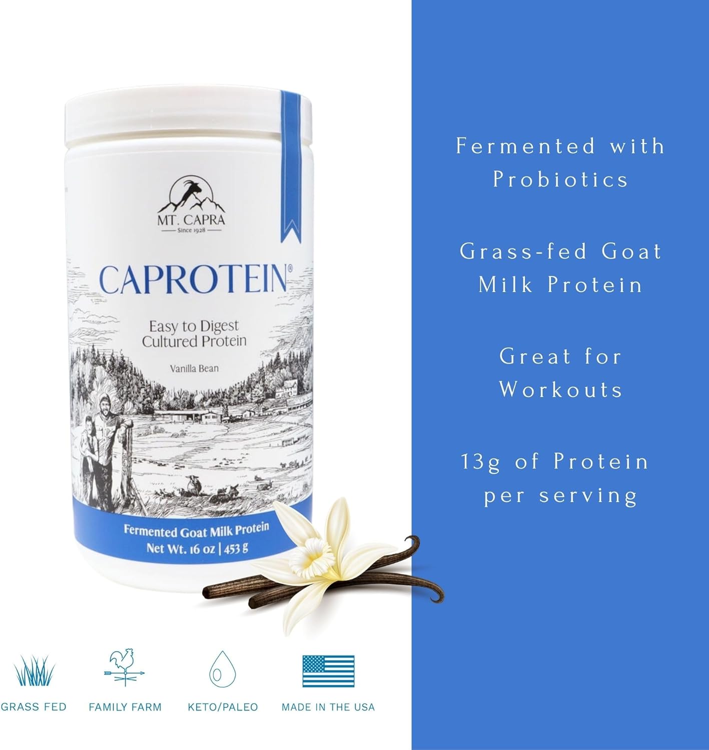 Mt. Capra Caprotein | Casein Protein Concentrate, Fermented Goat Milk Protein from Grass-Fed Pastured Goats, Extremely Easy to Digest | Vanilla Bean | 23 Servings - 16 oz - Nirvana Guru