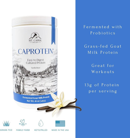 Mt. Capra Caprotein | Casein Protein Concentrate, Fermented Goat Milk Protein from Grass-Fed Pastured Goats, Extremely Easy to Digest | Vanilla Bean | 23 Servings - 16 oz - Nirvana Guru