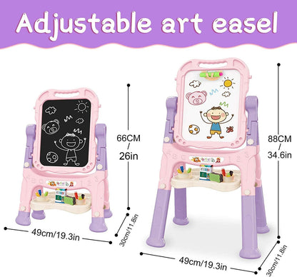 Art Easel for Kids, Adjustable Standing Rotatable Double Sided Easel with Painting Accessories for Toddlers Boys and Girls-Pink Nirvana Guru