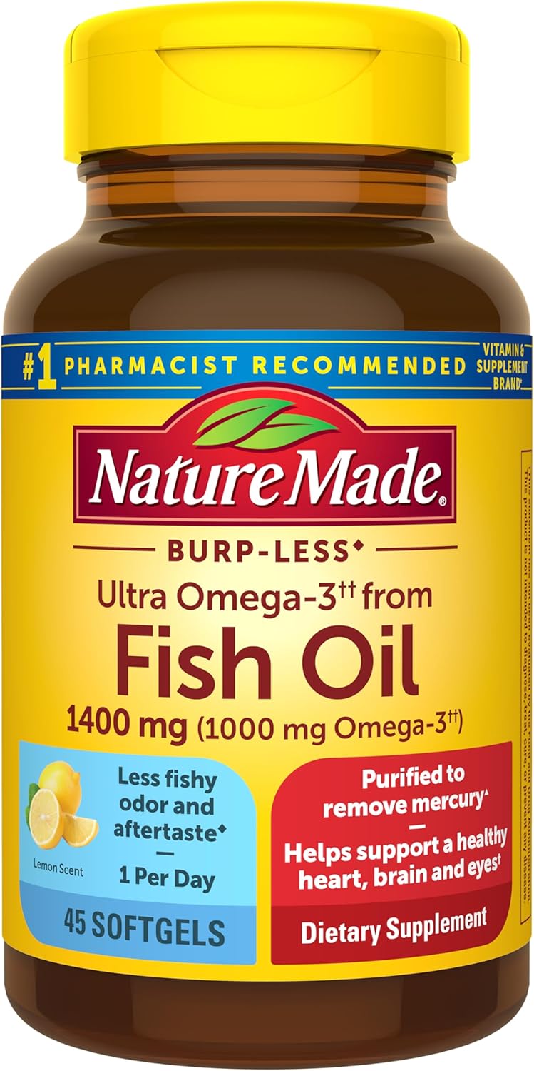 Nature Made Burp Less Ultra Omega 3 Fish Oil Supplements, 1400mg Fish Oil Omega 3 Supplements as Ethyl Esters for Healthy Heart Brain Eyes Support, One Per Day, 90 Softgels - Nirvana Guru