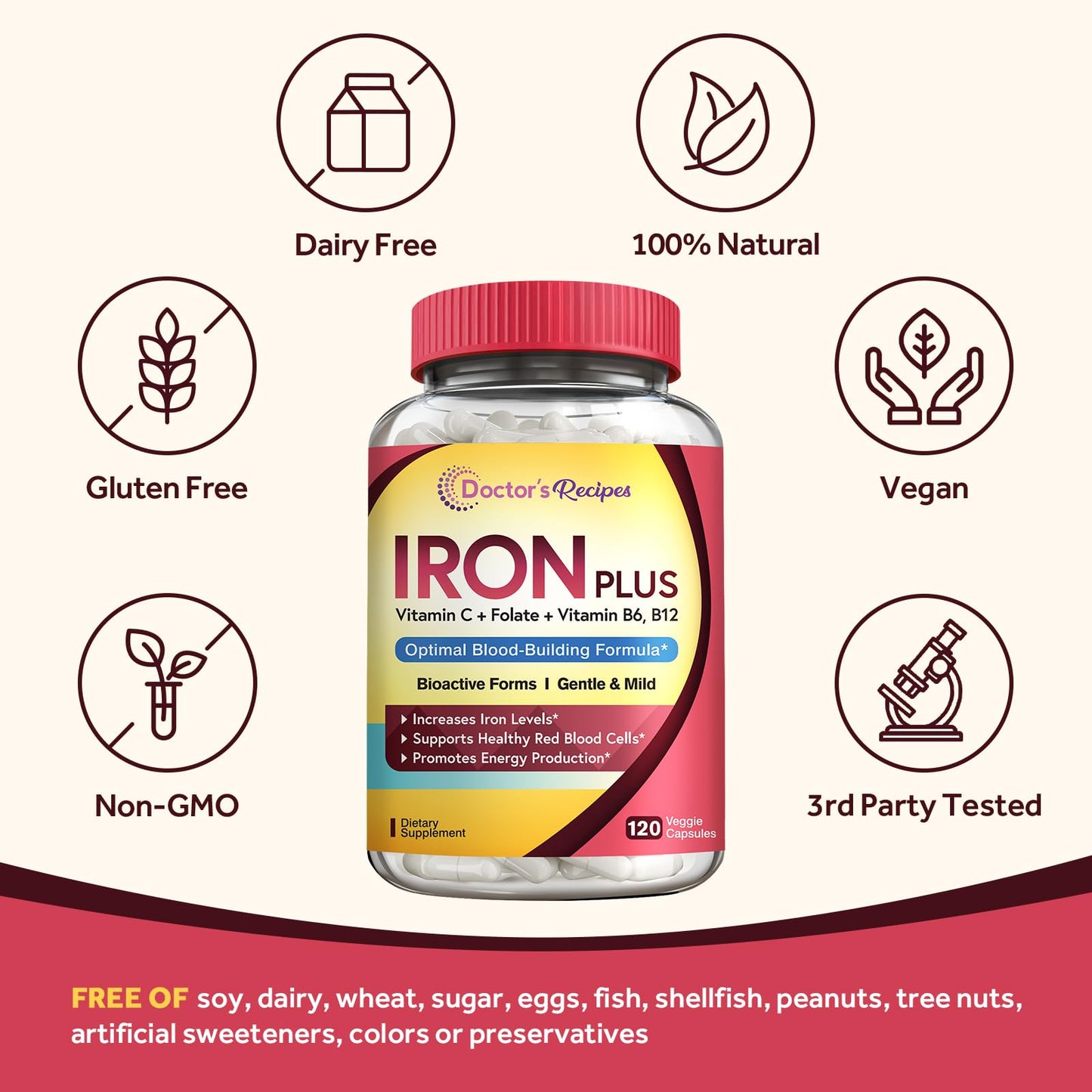 Doctor's Recipes Iron Supplement 65 mg with Vitamin C - Maximized Absorption, Stomach Friendly & High Potency Iron Pills for Red Blood Cells Formation & Immunity Health - Vegan Non-GMO 60 Iron Tablets Nirvana Guru
