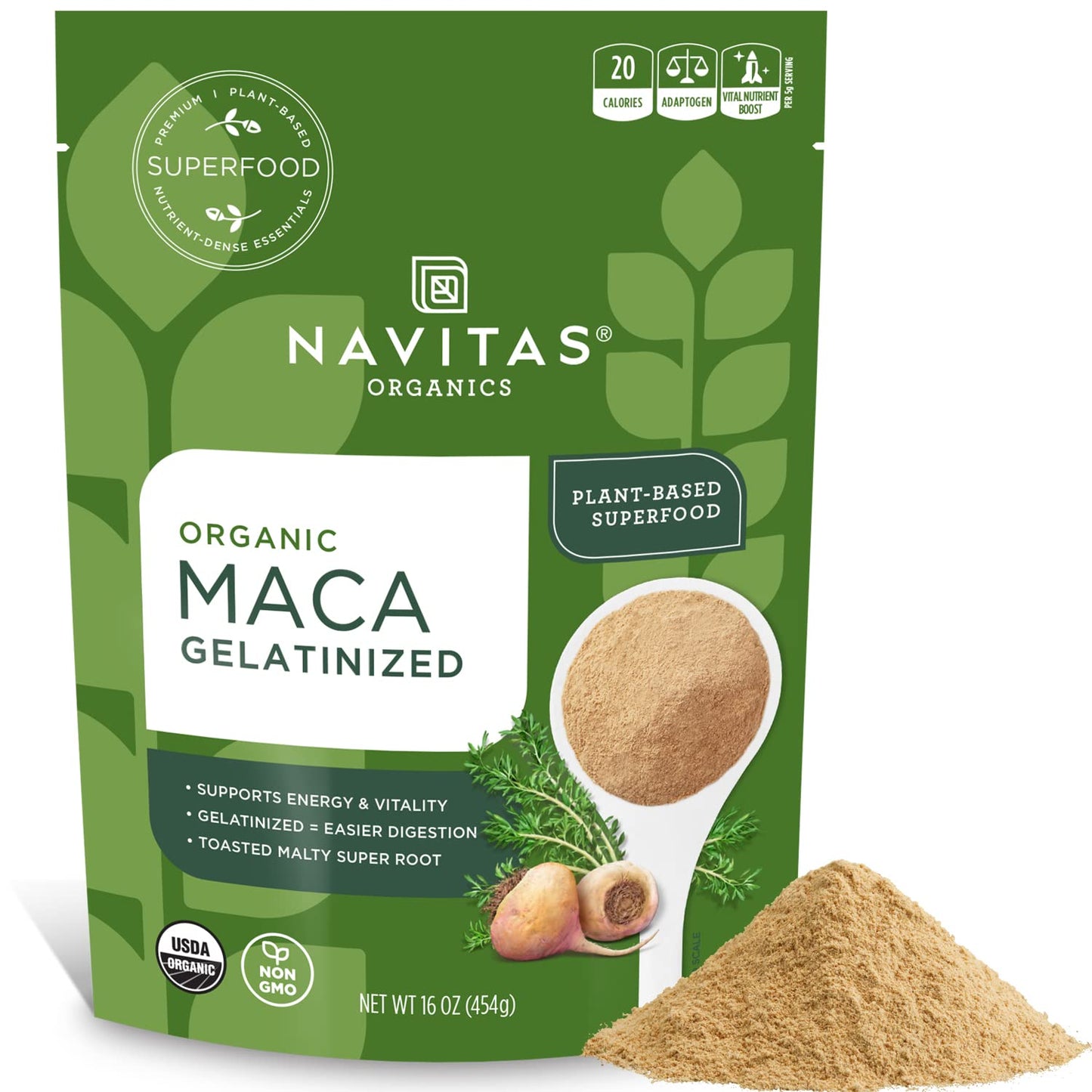 Navitas Organics Maca Powder – 100% Gelatinized Peruvian Maca for Adaptogen Smoothies, Lattes, Baking & More – Energize & Balance - USDA Organic, Non GMO, Vegan, Gluten Free (4oz. Bag, 23 Servings)