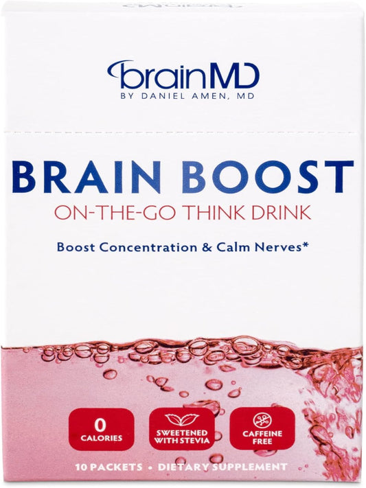 BRAINMD Dr Amen Brain Boost On The Go - 10 Packets, Berry Flavor - Nootropic Drink Powder, Promotes Focus, Clarity & Mental Energy - Caffeine Free, Gluten Free - 10 Servings Nirvana Guru