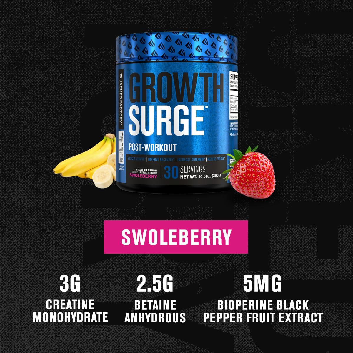 Jacked Factory Growth Surge Creatine Post Workout w/L-Carnitine - Daily Muscle Builder & Recovery Supplement with Creatine Monohydrate, Betaine, L-Carnitine L-Tartrate - 30 Servings, Swoleberry Nirvana Guru
