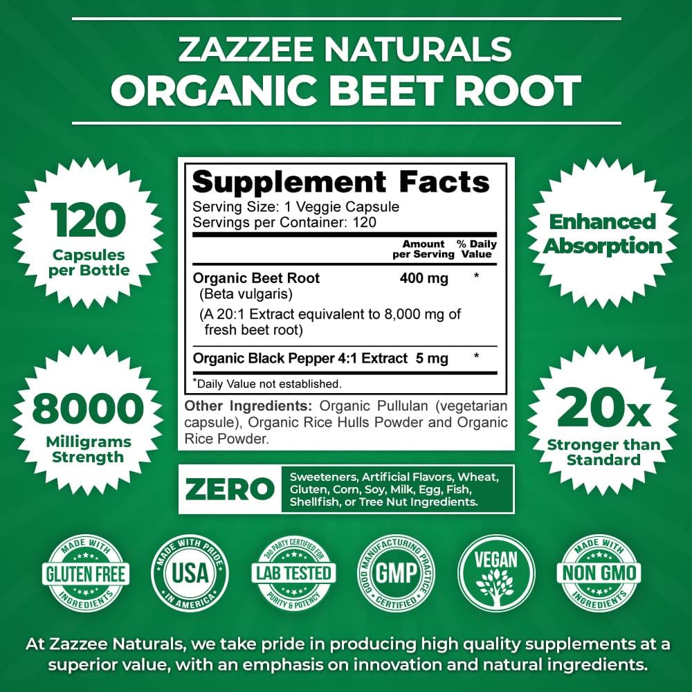 Zazzee USDA Organic Beet Root 8000 mg Strength 20:1 Extract, 120 Vegan Quick Release Capsules, Black Pepper Extract for Enhanced Absorption, Supports Nitric Oxide Production, Non-GMO, Made in The USA Nirvana Guru
