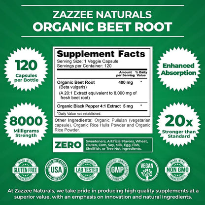 Zazzee USDA Organic Beet Root 8000 mg Strength 20:1 Extract, 120 Vegan Quick Release Capsules, Black Pepper Extract for Enhanced Absorption, Supports Nitric Oxide Production, Non-GMO, Made in The USA Nirvana Guru