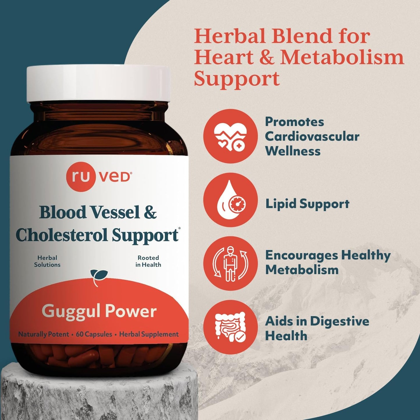 Ruved Guggul Power Herbal Supplement for Ayurvedic Cholesterol Support, Red Yeast Rice, Bergamot, Guggul, and Amla Supplement for Women and Men, 60 Vegetarian Capsules Nirvana Guru