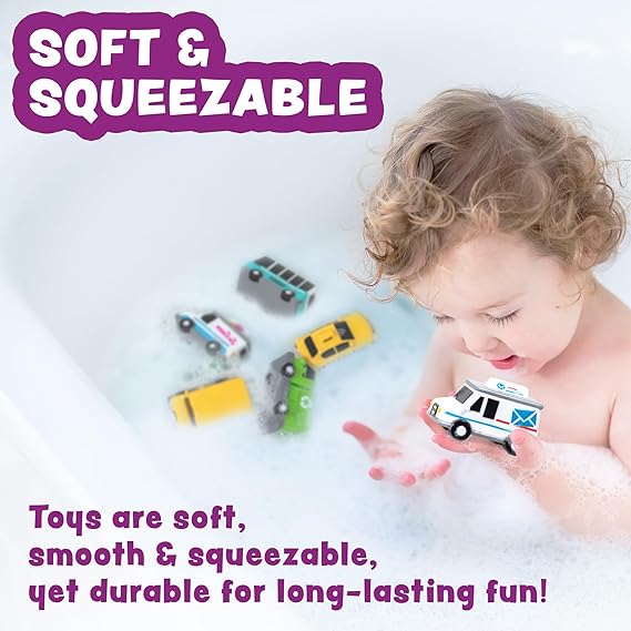 Tub Works® Vehicles™ Bath Cars Mold Free Bath Toys, 6 Pack | Sealed, No Hole Bath Toys Design Keeps Moisture Out | Soft, Squeezable & Float on Water | Fun Baby & Toddler Bath Toys | City Car Bath Toys nirvanaguru