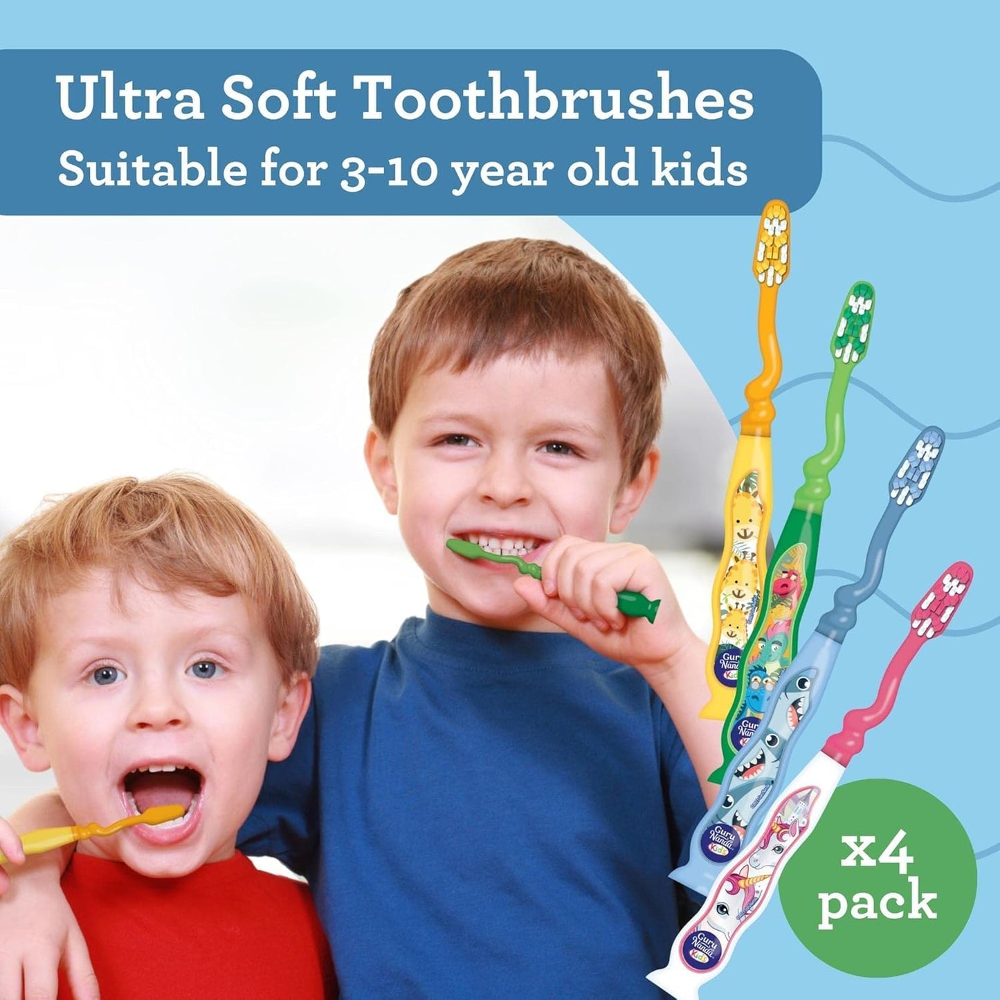 GuruNanda Kids Toothbrush with Suction Cup & Fun Animal Designs - Soft Bristles for Healthy Gums- Non-Slippery & Mess-Free Toothbrush, 3+ Age- 4 Count Nirvana Guru