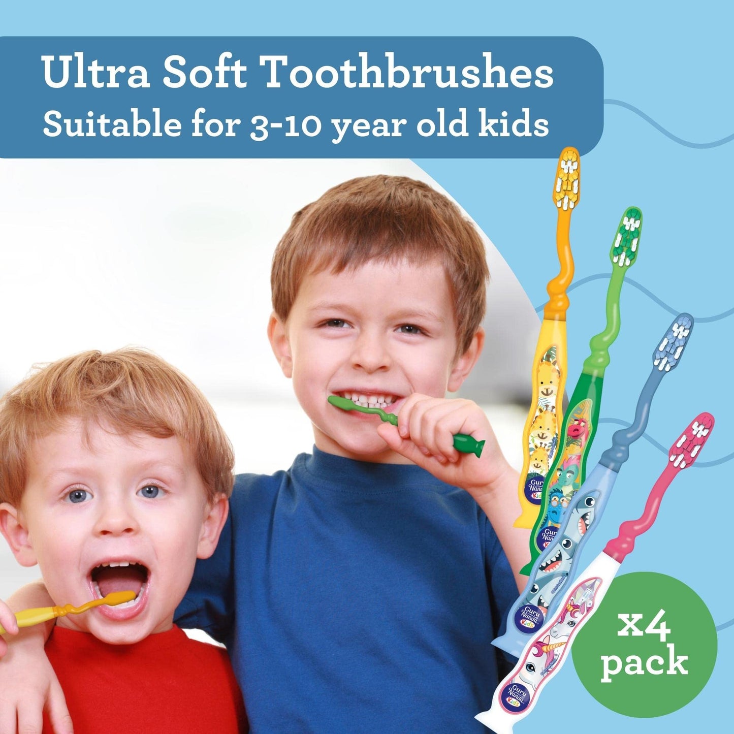 GuruNanda Kids Toothbrush with Suction Cup & Fun Animal Designs - Soft Bristles for Healthy Gums- Non-Slippery & Mess-Free Toothbrush, 3+ Age- 4 Count Nirvana Guru