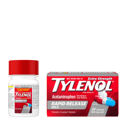 Tylenol Extra Strength Acetaminophen Rapid Release Gels, Extra Strength Pain Reliever & Fever Reducer, Gelcaps with Laser-Drilled Holes, 500 mg Acetaminophen, 100 ct