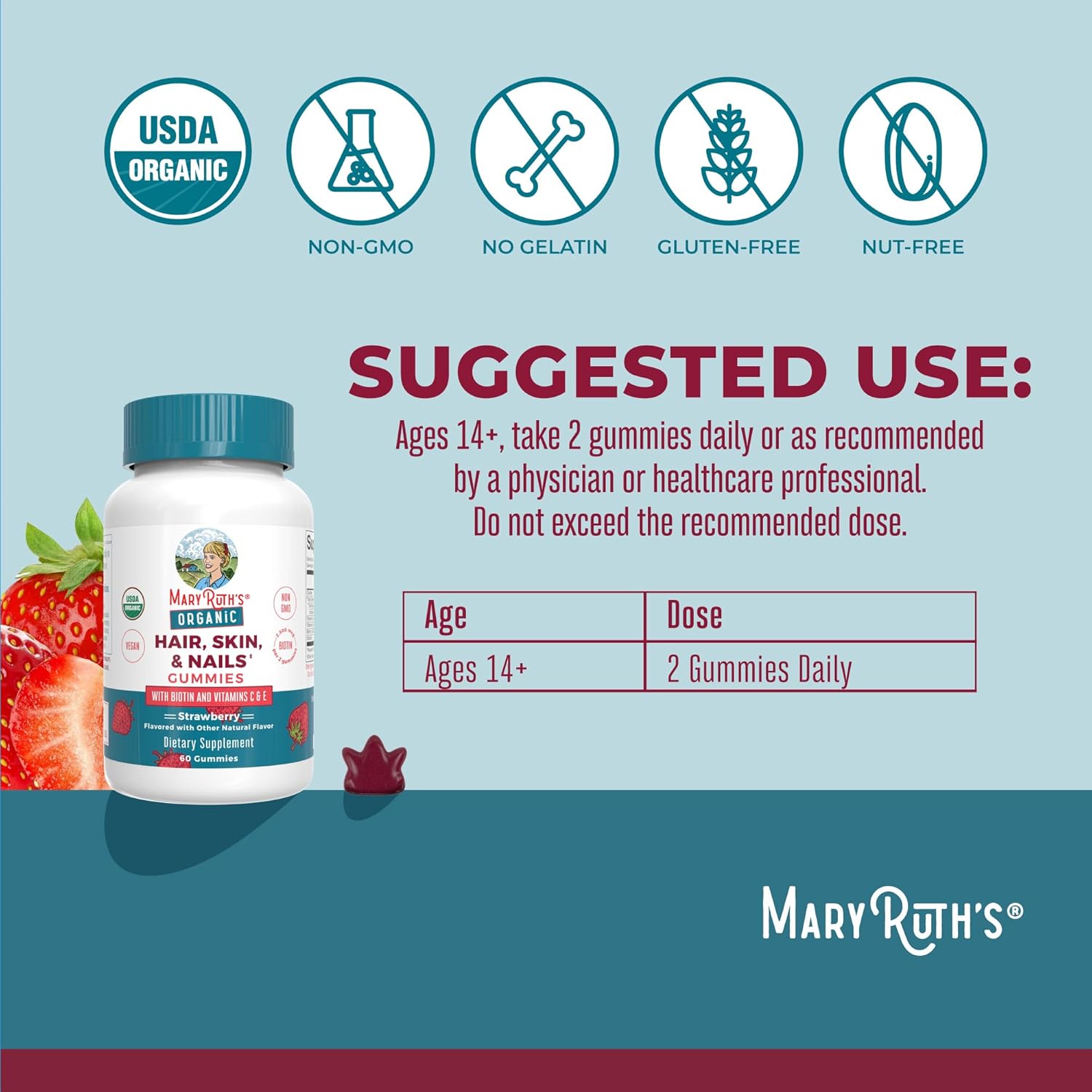 MaryRuth Organics Hair | Skin | and Nails Vitamins | Biotin Gummies with Vitamin C & Vitamin E | Hair Growth Vitamins | Skin Care | Nail Strength | USDA Organic Gummies for Ages 14+ | 60 Count - Nirvana Guru