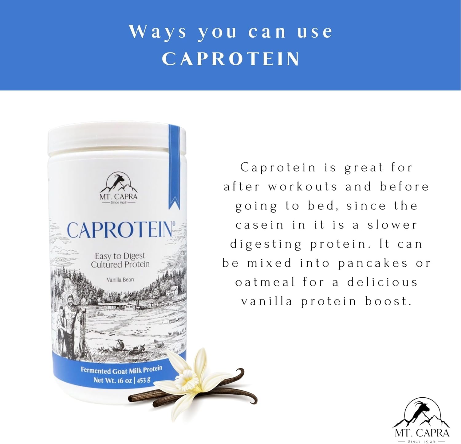 Mt. Capra Caprotein | Casein Protein Concentrate, Fermented Goat Milk Protein from Grass-Fed Pastured Goats, Extremely Easy to Digest | Vanilla Bean | 23 Servings - 16 oz - Nirvana Guru
