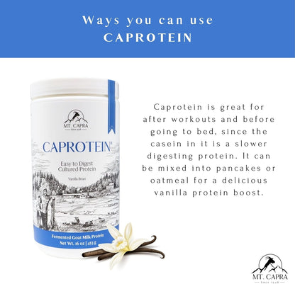 Mt. Capra Caprotein | Casein Protein Concentrate, Fermented Goat Milk Protein from Grass-Fed Pastured Goats, Extremely Easy to Digest | Vanilla Bean | 23 Servings - 16 oz - Nirvana Guru