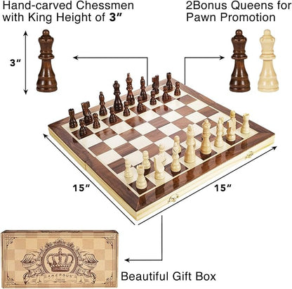 AMEROUS 15 Inches Magnetic Wooden Chess Set - 2 Extra Queens - Folding Board - Pieces Storage Slots, Handmade Portable Travel Chess Game - Beginner Chess Set for Kids, 6 up Age Nirvana Guru