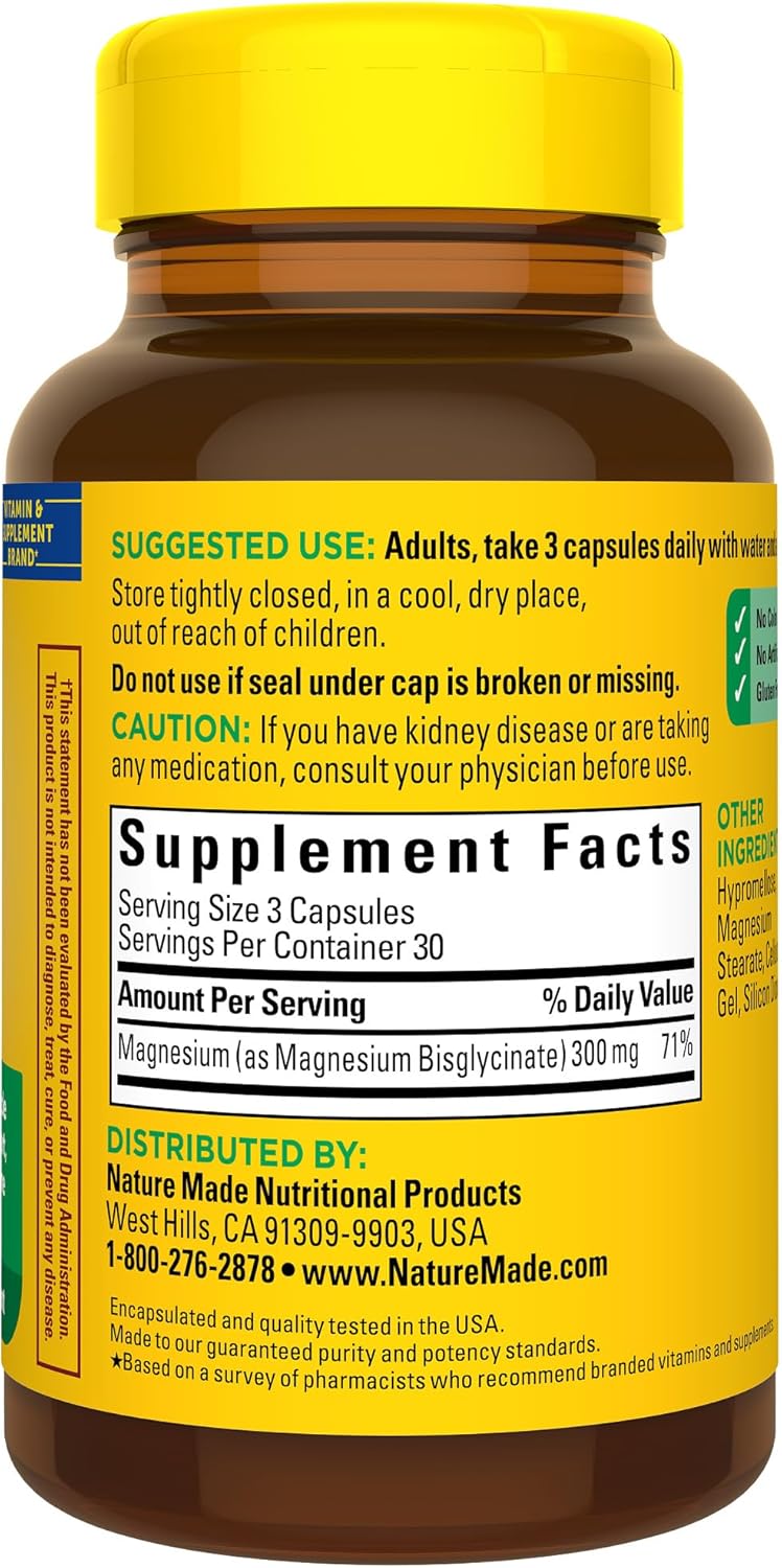 Nature Made High Absorption Magnesium Glycinate 300mg per 3 Capsules, Magnesium Supplement for Muscle, Heart, Nerve and Bone Support, 90 Magnesium Bisglycinate Capsules, 30 Day Supply - Nirvana Guru
