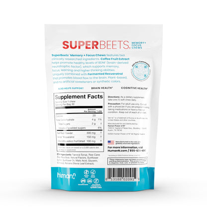 HumanN SuperBeets Brain Supplements for Memory and Focus Chews, Mental Alertness, Clinically Studied Nootropics, Resveratrol Supplement Plus Beet Root Powder, Blueberry Pomegranate Flavor, 30 Count - Nirvana Guru