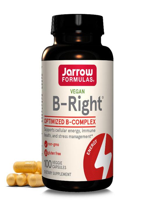 Jarrow Formulas B-Right, Optimized B Complex Featuring Vitamin B1, B2, B5, B6, B12 and B9 to Support Cellular Energy, Immune Health and Stress Management, 100 Veggie Capsules, Up to a 100 Day Supply - Nirvana Guru