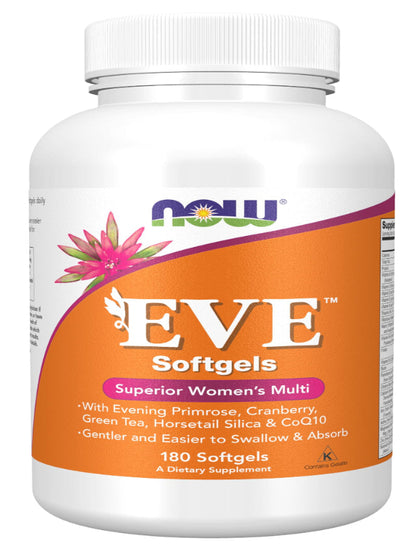 NOW Foods Supplements, Eve™ Women's Multivitamin with Evening Primrose, Cranberry, Green Tea, Horsetail Silica & CoQ10, 180 Softgels - Nirvana Guru