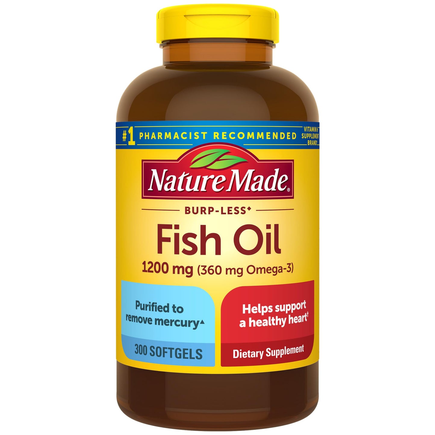 Nature Made Burp Less Fish Oil Omega 3 Supplements, 1200 mg Softgels, Omega 3 Fish Oil for Healthy Heart Support, 300 Softgels, 150 Day Supply - Nirvana Guru