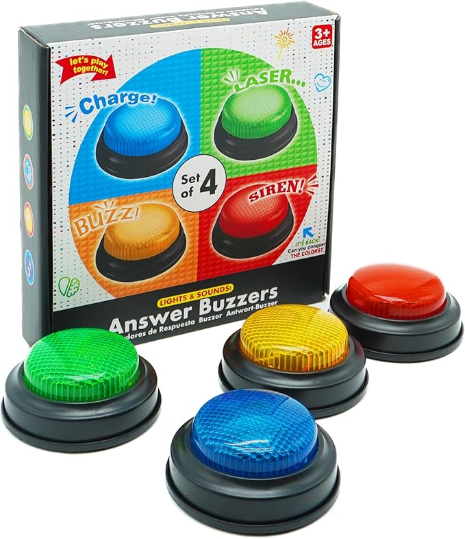 Set of 4 Buzzers for Trivia Games, Answer Buzzers for Classroom, Family Feud Jeopardy Buzzer, Game Buzzers with Lights and Sound for Classroom, Game Show Buzzer Buttons nirvanaguru