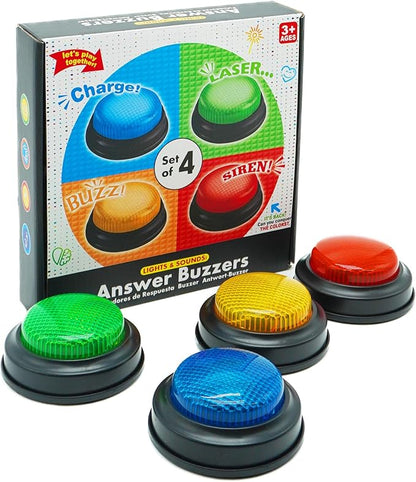 Set of 4 Buzzers for Trivia Games, Answer Buzzers for Classroom, Family Feud Jeopardy Buzzer, Game Buzzers with Lights and Sound for Classroom, Game Show Buzzer Buttons nirvanaguru