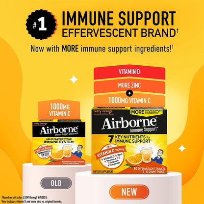 Airborne 1000mg Vitamin C + Zinc Sugar Free Multivitamin Immune Support Effervescent Fizzy Drink Tablets, Zesty Orange Flavor with Powerful Antioxidants Vitamins A C & E, 30 Tablets (3 Pack) Nirvana Guru