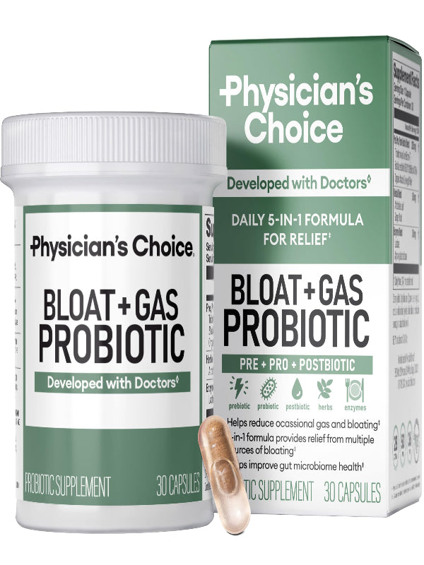 Physician's CHOICE Bloat & Gas Probiotic 5-in-1 Proactive Support + Daily Relief - Digestion & Gut Health- Herbals, Digestive Enzymes, Post & Prebiotics - Gas Relief for Adults - Women & Men - 30ct Nirvana Guru