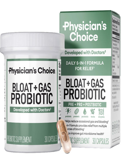 Physician's CHOICE Bloat & Gas Probiotic 5-in-1 Proactive Support + Daily Relief - Digestion & Gut Health- Herbals, Digestive Enzymes, Post & Prebiotics - Gas Relief for Adults - Women & Men - 30ct Nirvana Guru