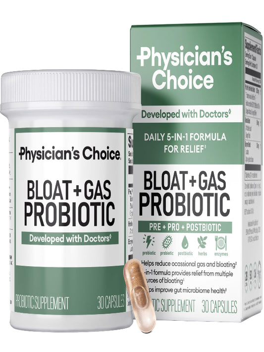 Physician's CHOICE Bloat & Gas Probiotic 5-in-1 Proactive Support + Daily Relief - Digestion & Gut Health- Herbals, Digestive Enzymes, Post & Prebiotics - Gas Relief for Adults - Women & Men - 30ct Nirvana Guru