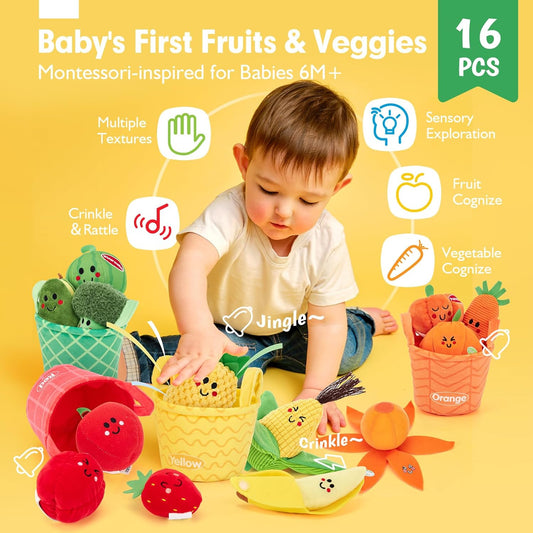 hahaland Baby Sensory Toys - 16 PCS My First Fruit Vegetable Color Sorting Play Food with Crinkle, Rattle, Baby Toys 6-12 Months Montessori Toys for 1 Year Old Boy Girl Gifts Toddler Stocking Stuffers Nirvana Guru