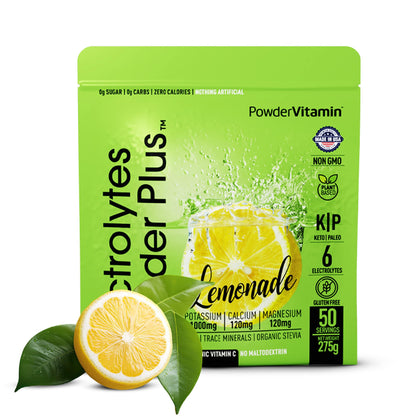 PowerVitamin Lemonade Electrolytes Powder No Sugar for Daily Energy - Keto Electrolytes - Hydration Powder with 1000mg Potassium, 120mg Calcium, Magnesium, Organic Vitamin C, 100 Servings