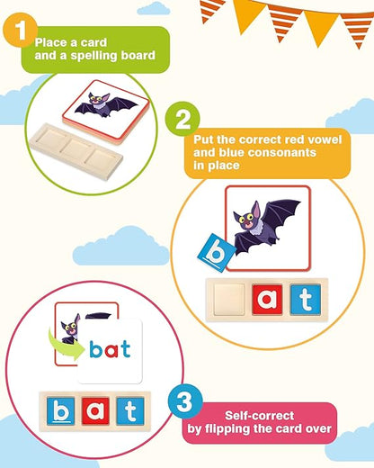 Gojmzo Wooden CVC Word Spelling Games, Preschool Kindergarten Learning Activities, Montessori Educational Toys Gifts for 3 4 5 6 Year Old Kids, Sight Words Flash Cards Reading Letters for Toddlers nirvanaguru