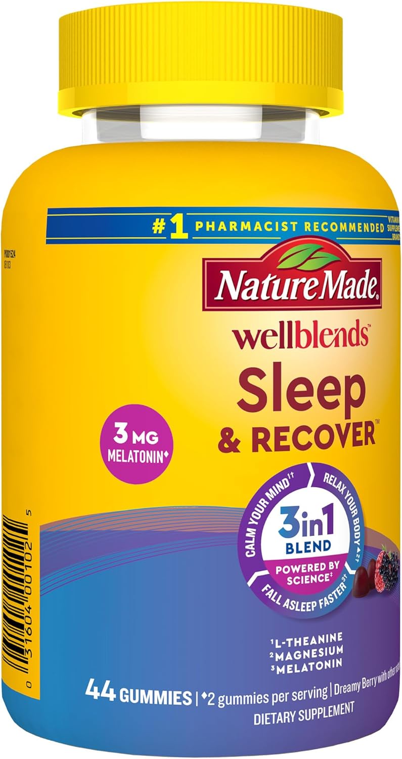 Nature Made Wellblends Sleep and Recover, Sleep Aid with Melatonin 3mg to Support Restful Sleep, plus L theanine 200mg and Magnesium Citrate, 44 Gummies - Nirvana Guru