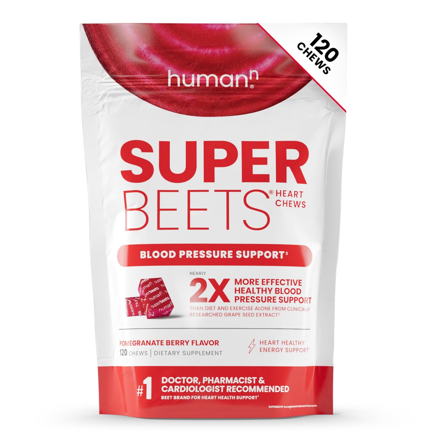HumanN SuperBeets Heart Chews, Nitric Oxide and Blood Pressure Support, Grape Seed Extract & Non-GMO Beet Root Powder Energy, Pomegranate Berry Flavor, 120 Count - Nirvana Guru
