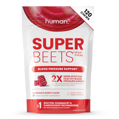 HumanN SuperBeets Heart Chews, Nitric Oxide and Blood Pressure Support, Grape Seed Extract & Non-GMO Beet Root Powder Energy, Pomegranate Berry Flavor, 120 Count - Nirvana Guru