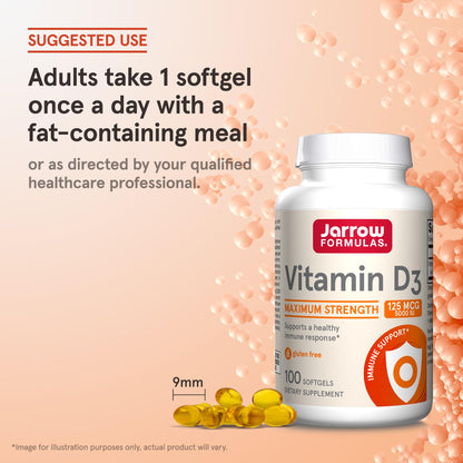 Jarrow Formulas Vitamin D3 125 mcg (5000 IU) - 100 Servings (Softgels) - Bone Health, Immune Support & Calcium Metabolism Support - Vitamin D Supplement - D3 Vitamins - 5000 IU Vitamin D - Gluten Free - Nirvana Guru
