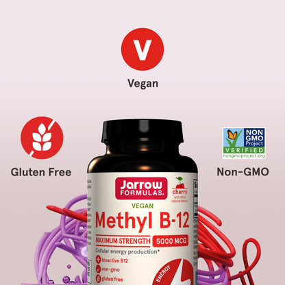 Jarrow Formulas Vitamin B12 5000 mcg - Maximum Strength for Cellular Energy and Brain Health, 60 Cherry Chewable Tablets, B12 Vitamins 5000 mcg - Nirvana Guru