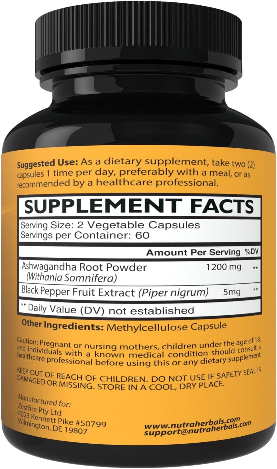 Ashwagandha Supplement Made with Premium Ashwaganda Root Powder 1200mg with Black Pepper Extract for Increased Absorption - 120 Vegi Capsules Nirvana Guru